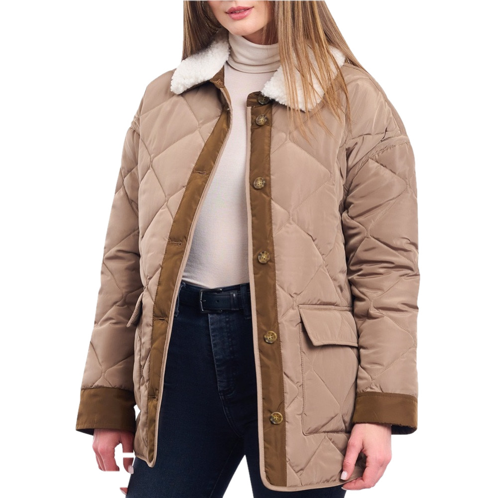 Quilted Sherpa Collar Jacket in Taupe